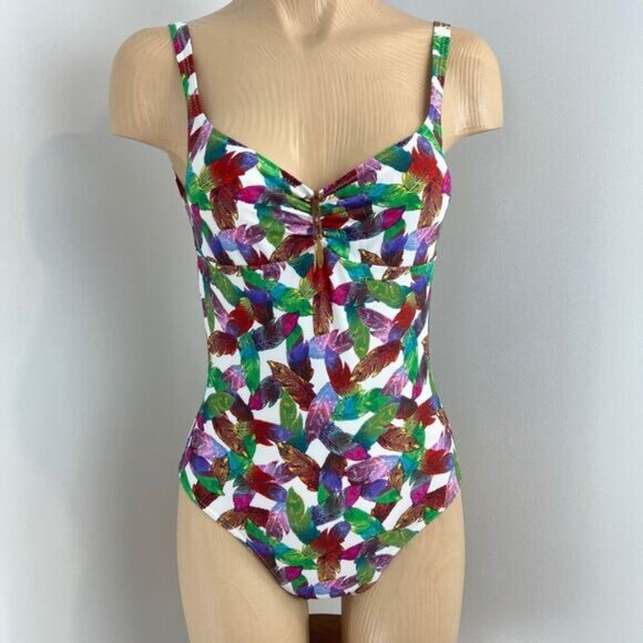 Laura Beach by Janine Robin Women's 6 White Multi Color Feather Print One Piece - Picture 1 of 12